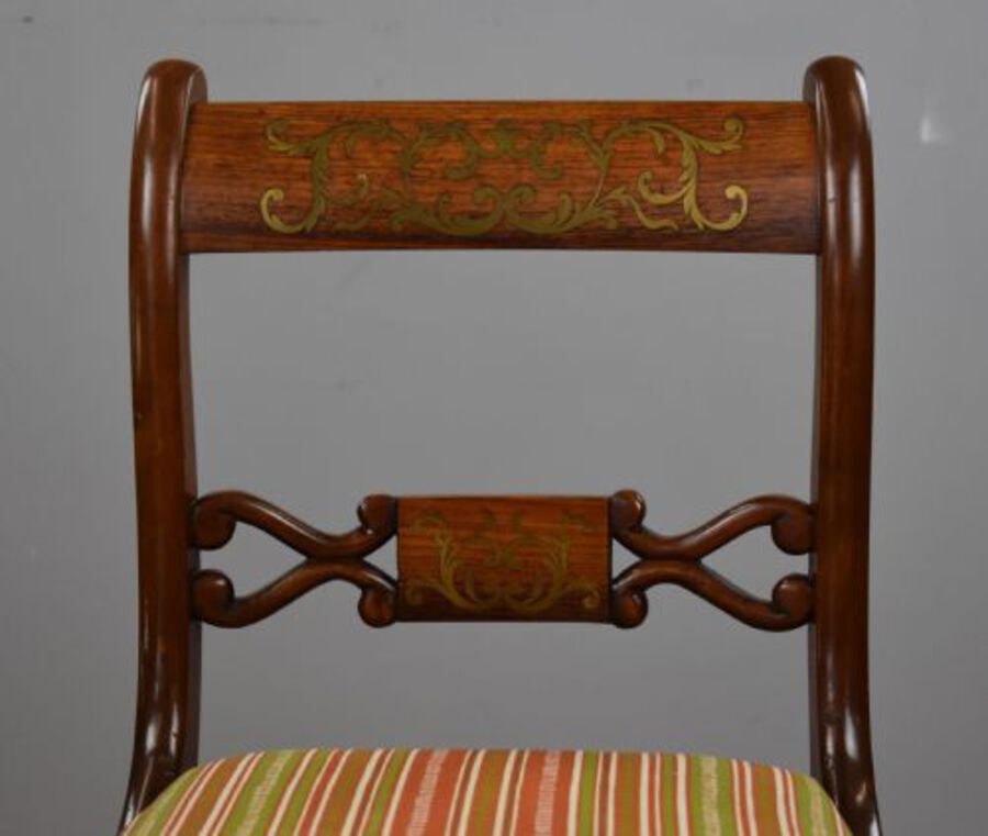 Antique Set Six Mahogany Brass Inlaid Dining Chairs