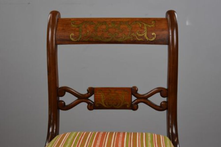 Antique Set Six Mahogany Brass Inlaid Dining Chairs