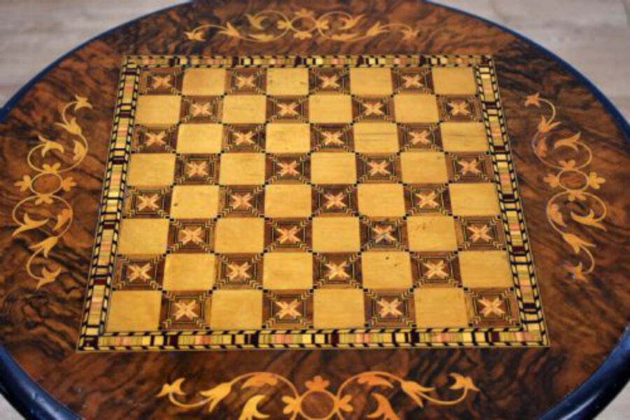 Antique Victorian Walnut Inlaid Chess Table