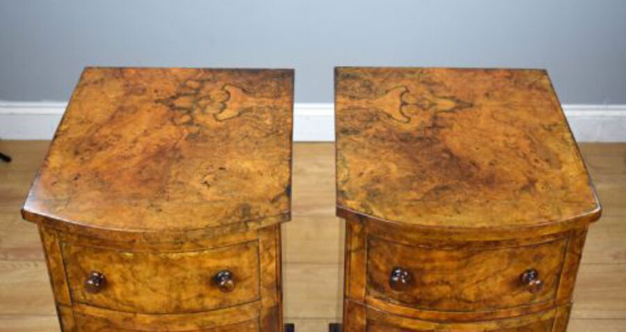Antique Pair of Victorian Burr Walnut Bow Front Bedside Cabinets