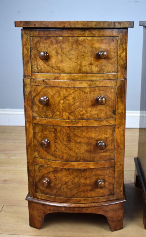 Antique Pair of Victorian Burr Walnut Bow Front Bedside Cabinets