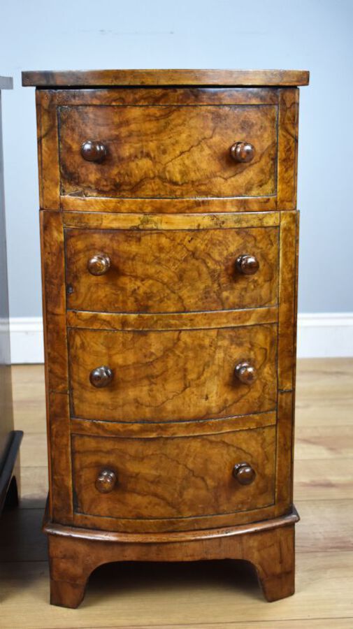 Antique Pair of Victorian Burr Walnut Bow Front Bedside Cabinets