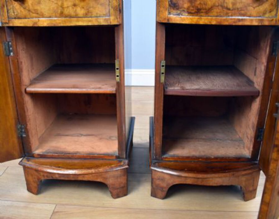 Antique Pair of Victorian Burr Walnut Bow Front Bedside Cabinets