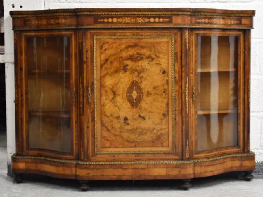 Victorian Burr Walnut Inlaid Serpentine Credenza