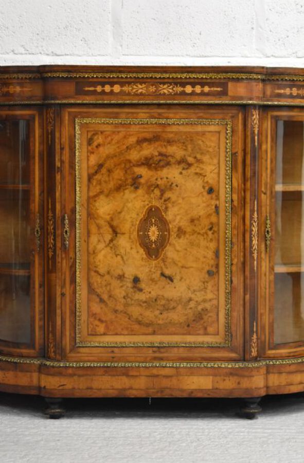 Antique Victorian Burr Walnut Inlaid Serpentine Credenza