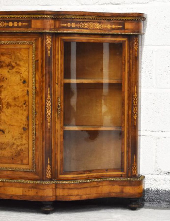 Antique Victorian Burr Walnut Inlaid Serpentine Credenza