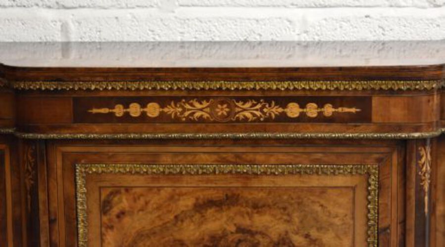 Antique Victorian Burr Walnut Inlaid Serpentine Credenza