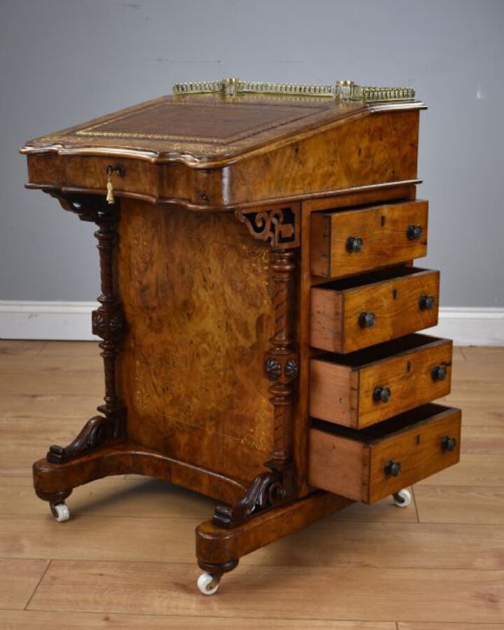 Antique Victorian Inlaid Burr Walnut Davenport