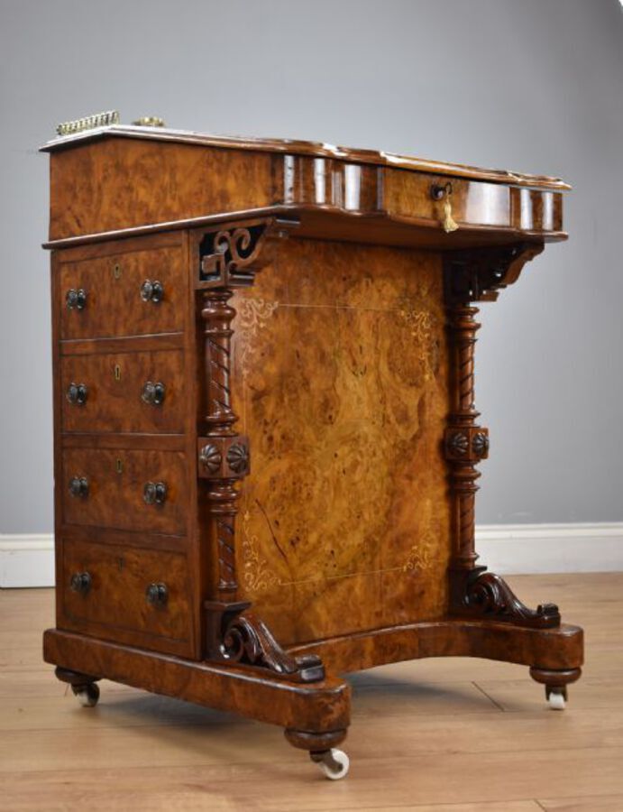 Antique Victorian Inlaid Burr Walnut Davenport