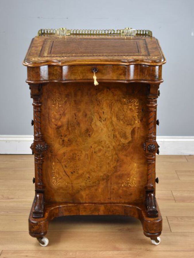 Antique Victorian Inlaid Burr Walnut Davenport