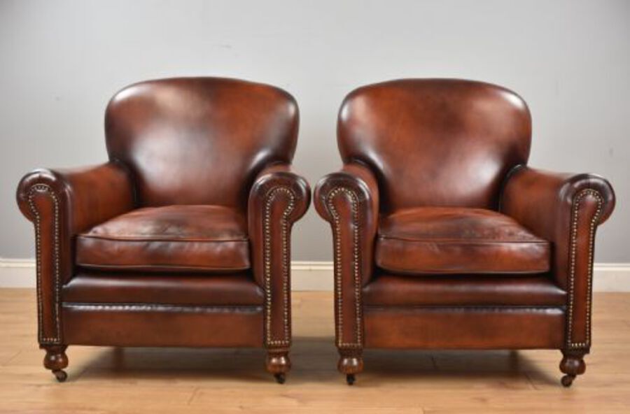 Antique Pair Hand dyed Honey Brown Leather Armchairs