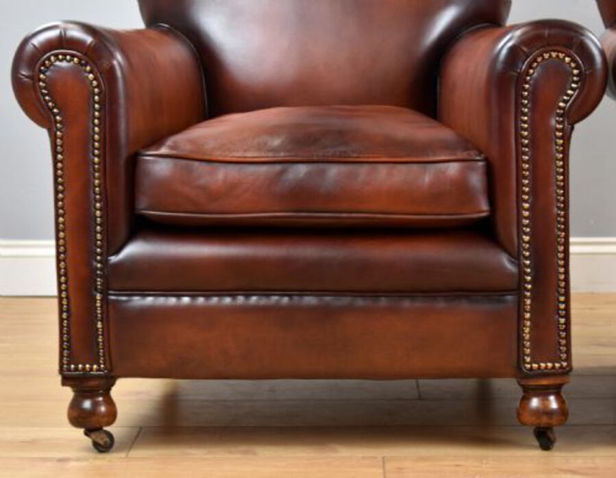 Antique Pair Hand dyed Honey Brown Leather Armchairs