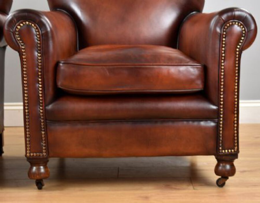Antique Pair Hand dyed Honey Brown Leather Armchairs