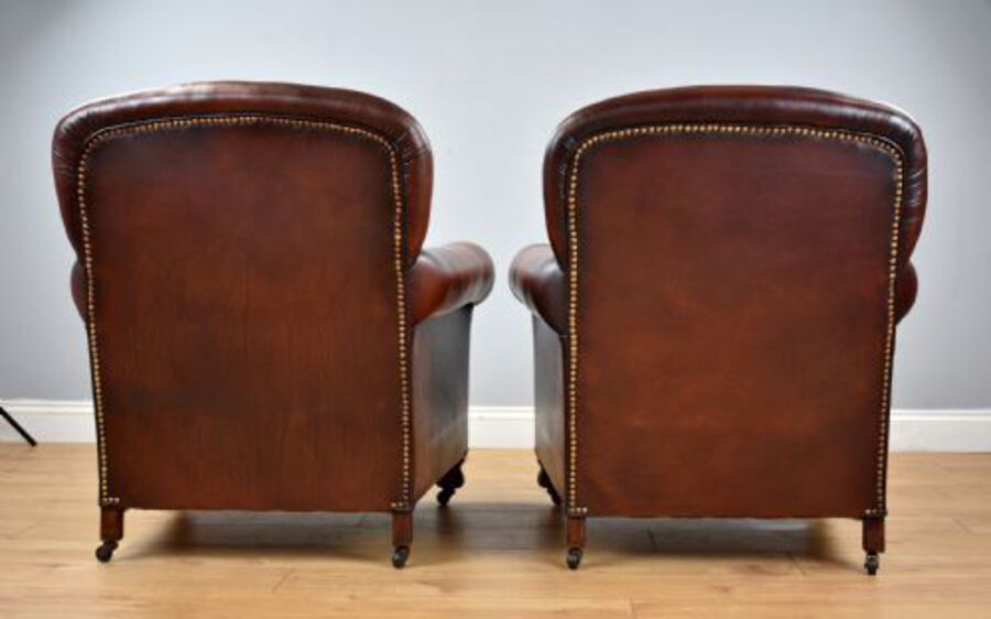 Antique Pair Hand dyed Honey Brown Leather Armchairs