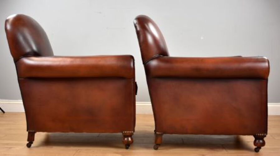 Antique Pair Hand dyed Honey Brown Leather Armchairs