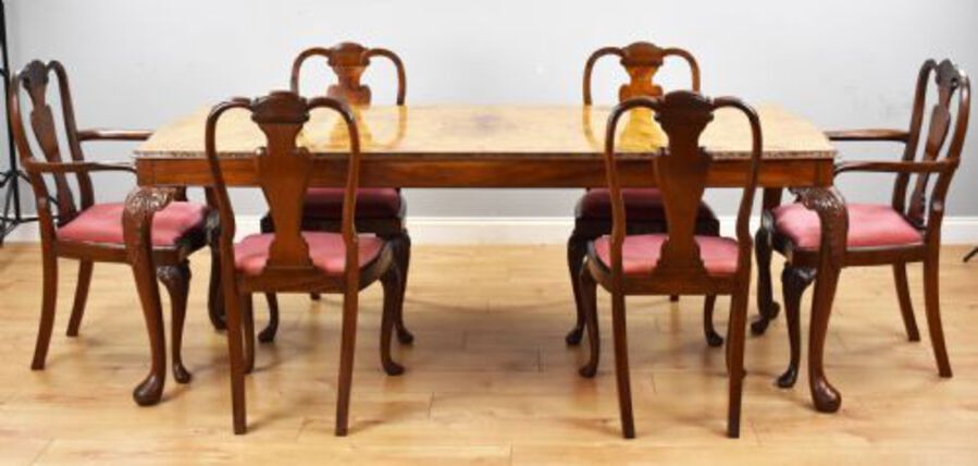 Queen Anne Style Burr Walnut Table &amp; 6 Chairs