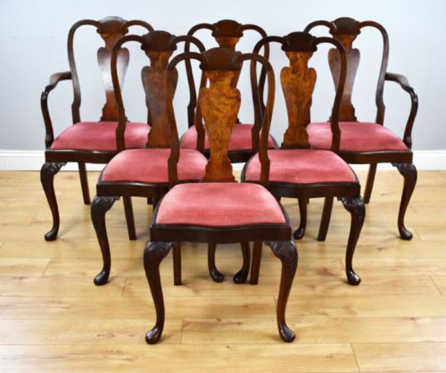 Antique Queen Anne Style Burr Walnut Table & 6 Chairs