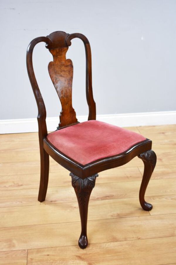 Antique Queen Anne Style Burr Walnut Table & 6 Chairs