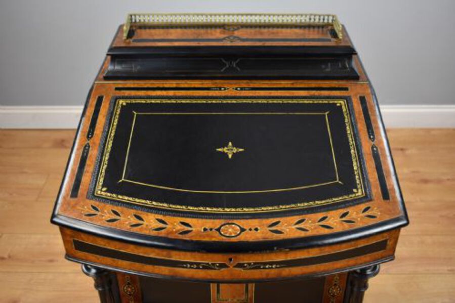 Antique Victorian Ebony and Amboyna Inlaid Davenport