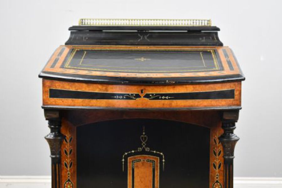 Antique Victorian Ebony and Amboyna Inlaid Davenport