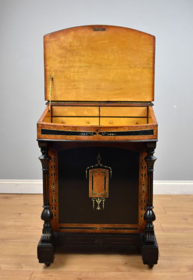 Antique Victorian Ebony and Amboyna Inlaid Davenport
