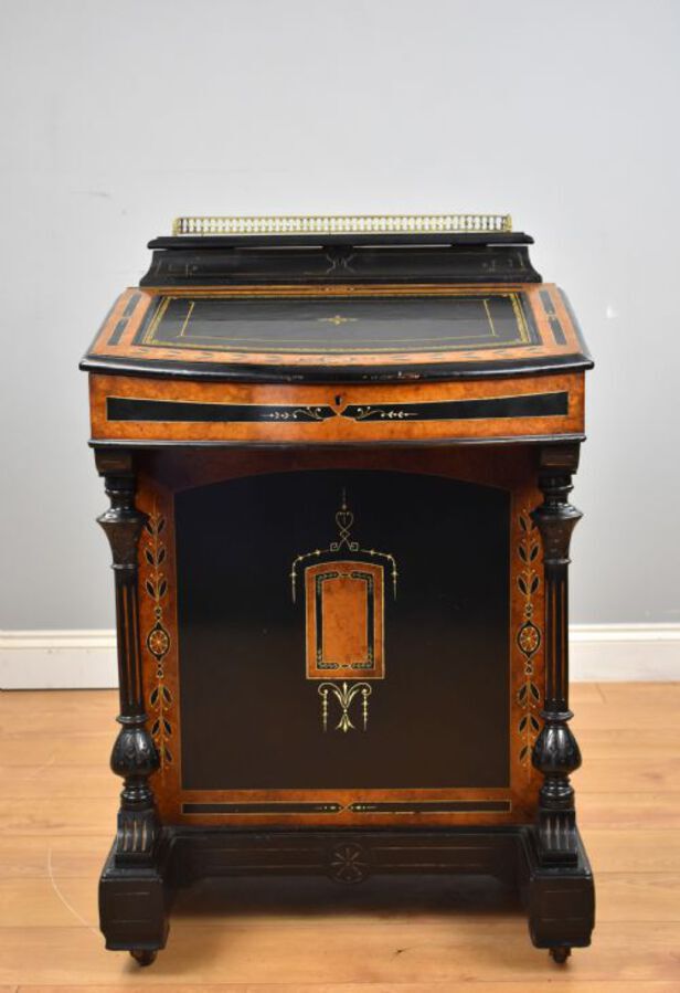 Antique Victorian Ebony and Amboyna Inlaid Davenport