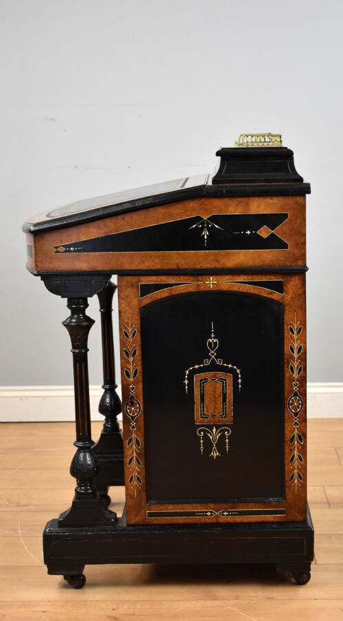 Antique Victorian Ebony and Amboyna Inlaid Davenport