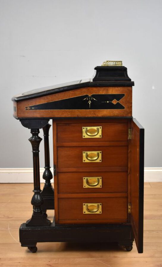 Antique Victorian Ebony and Amboyna Inlaid Davenport