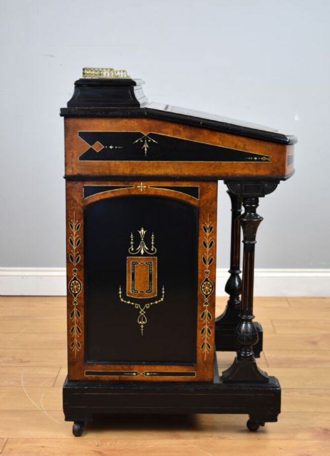 Antique Victorian Ebony and Amboyna Inlaid Davenport