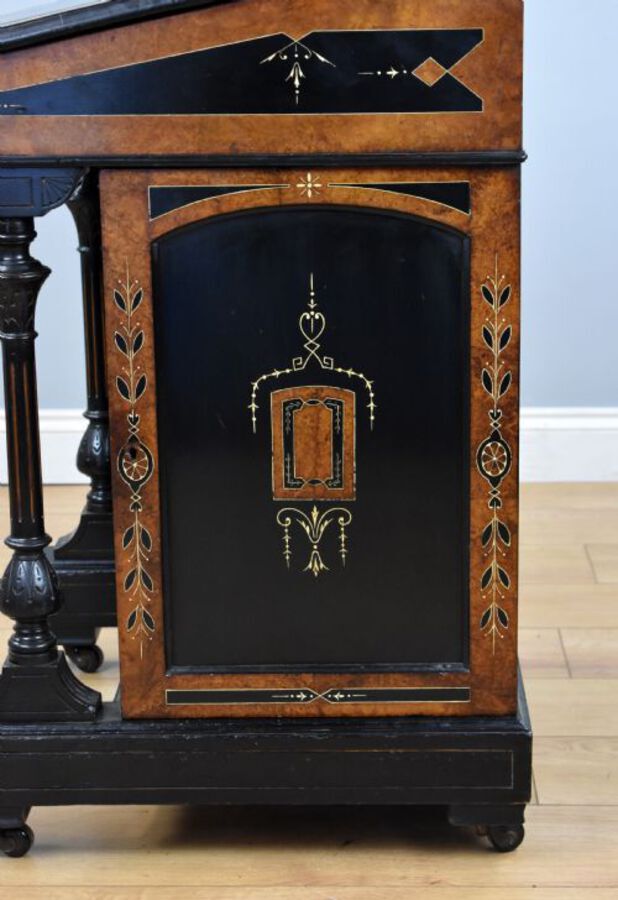 Antique Victorian Ebony and Amboyna Inlaid Davenport