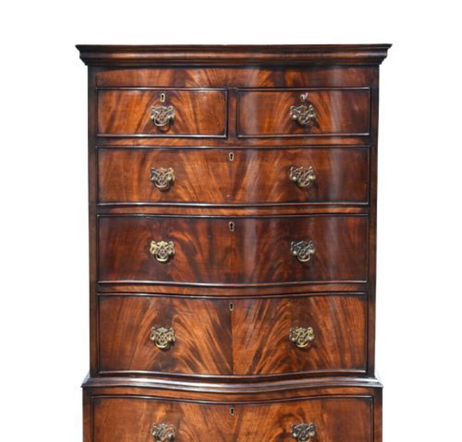 Antique Edwardian Flame Mahogany Serpentine Chest on Chest