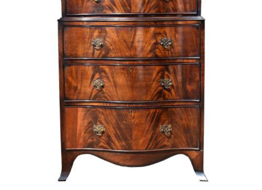 Antique Edwardian Flame Mahogany Serpentine Chest on Chest