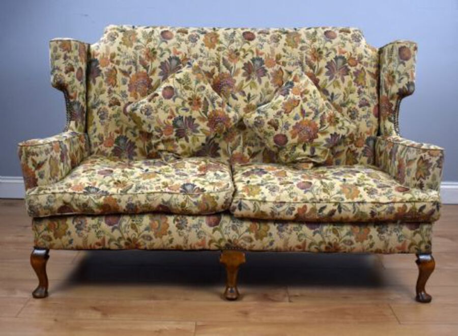 Antique Queen Anne Style Wing Back Sofa