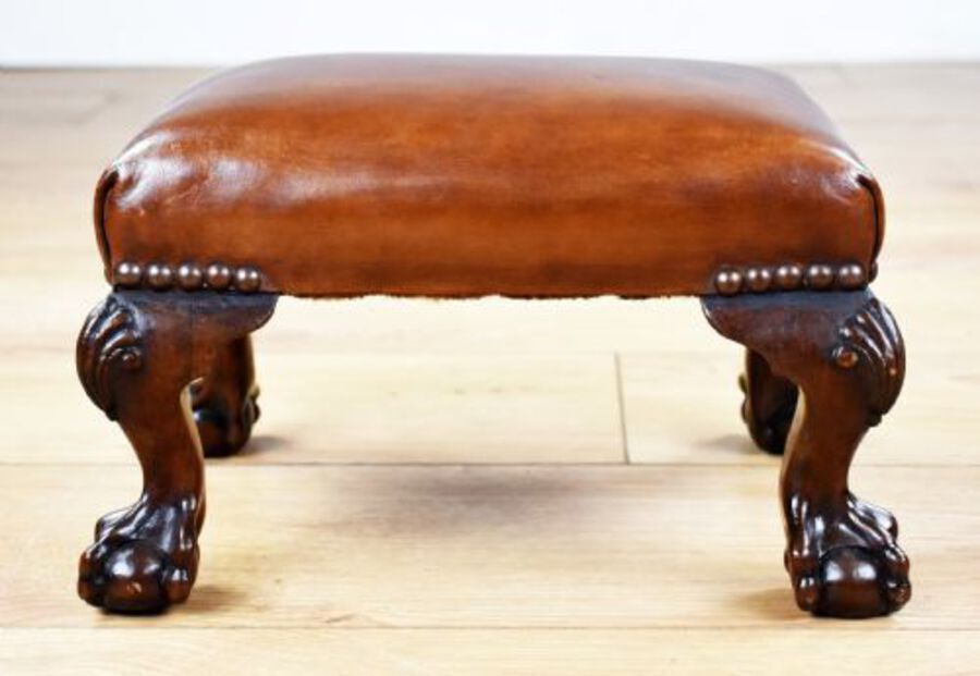 Antique Pair Antique Walnut Claw and Ball Leather Stools