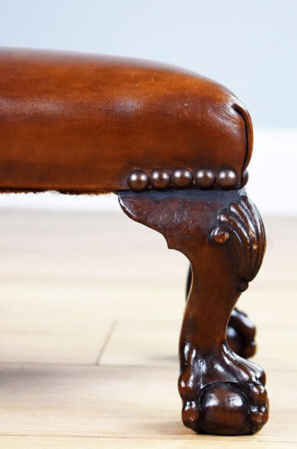 Antique Pair Antique Walnut Claw and Ball Leather Stools