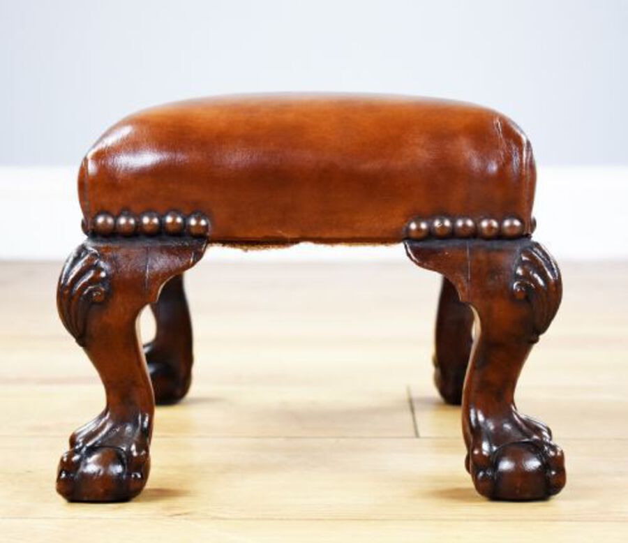 Antique Pair Antique Walnut Claw and Ball Leather Stools