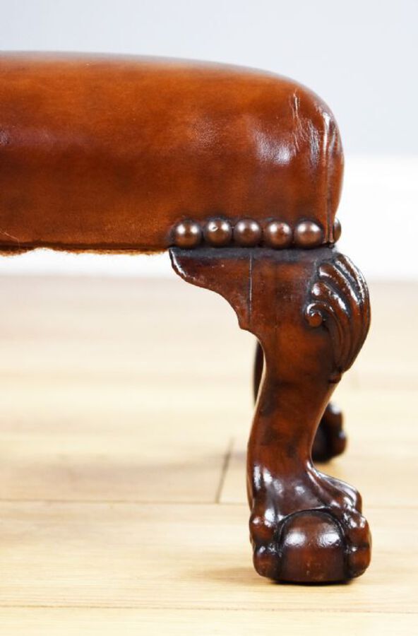 Antique Pair Antique Walnut Claw and Ball Leather Stools