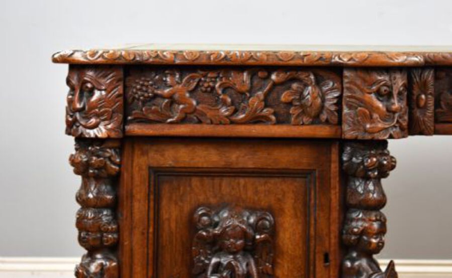 Antique Victorian Carved Oak Desk