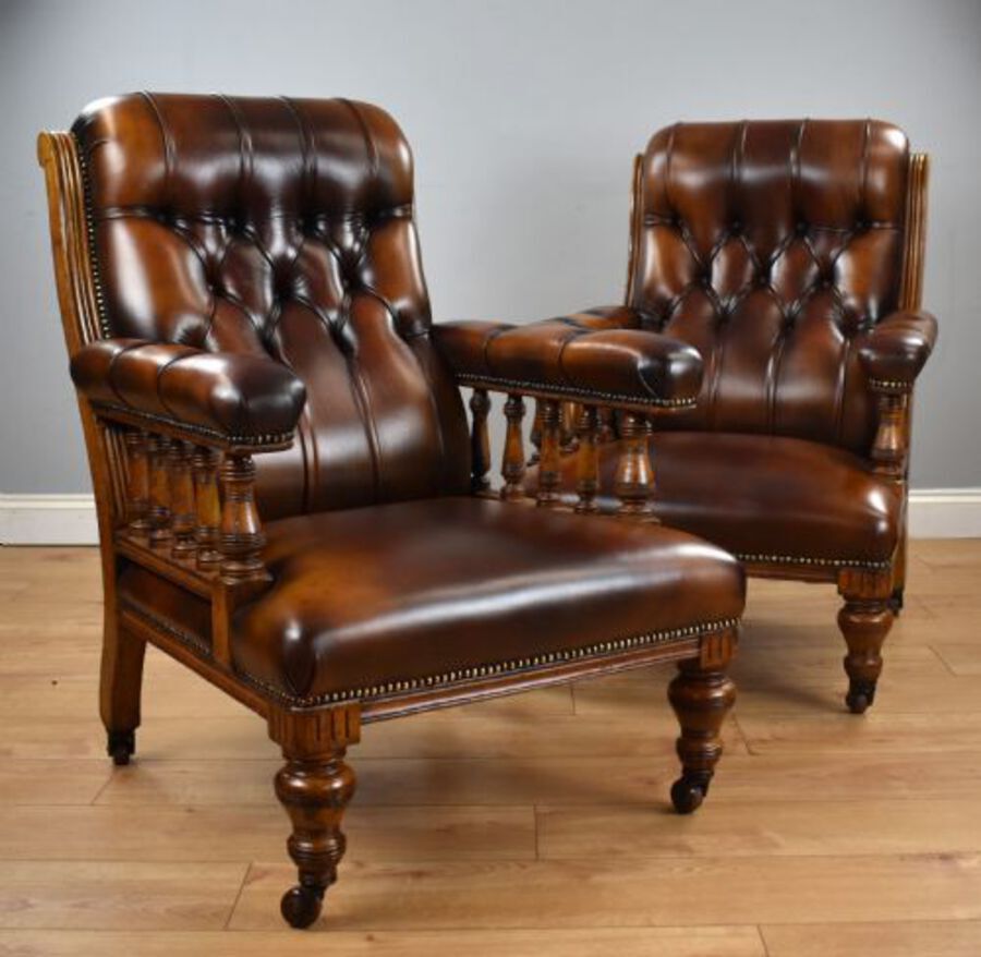 Pair of Victorian Hand Dyed Leather Library Chairs