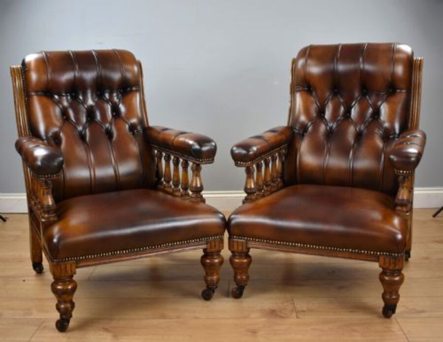 Antique Pair of Victorian Hand Dyed Leather Library Chairs