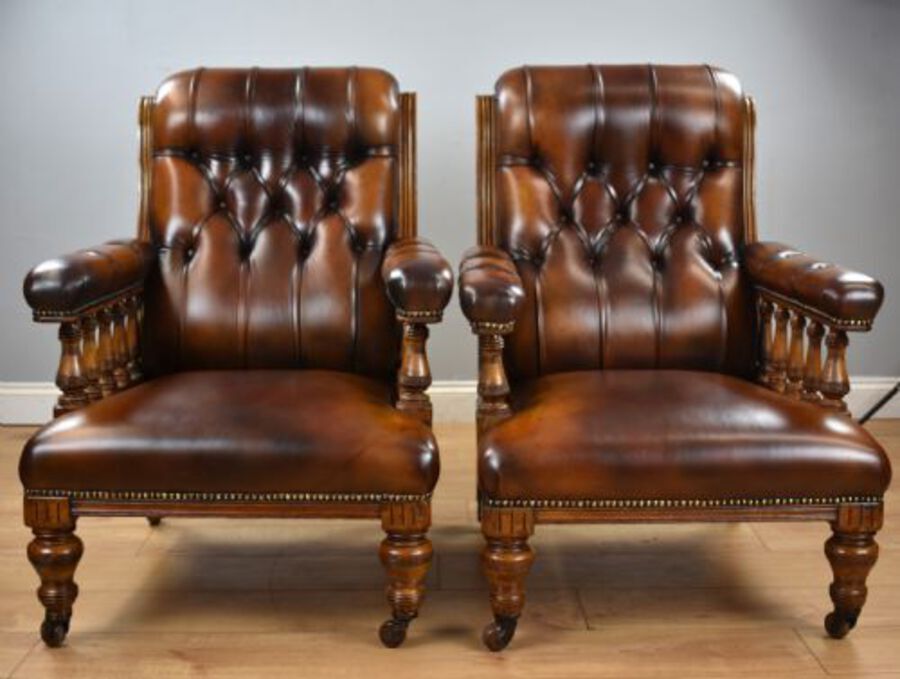 Antique Pair of Victorian Hand Dyed Leather Library Chairs