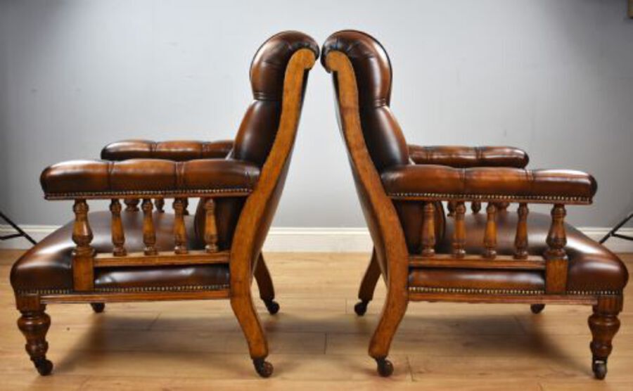 Antique Pair of Victorian Hand Dyed Leather Library Chairs