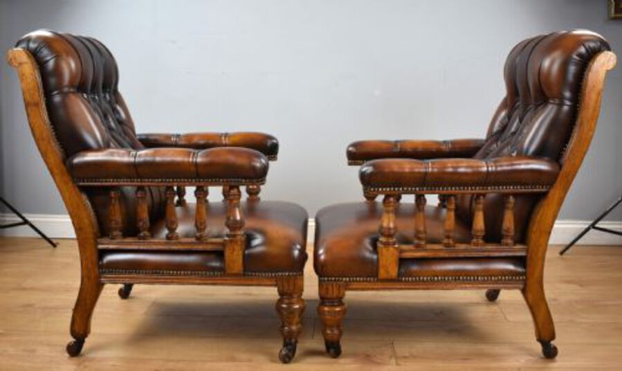 Antique Pair of Victorian Hand Dyed Leather Library Chairs