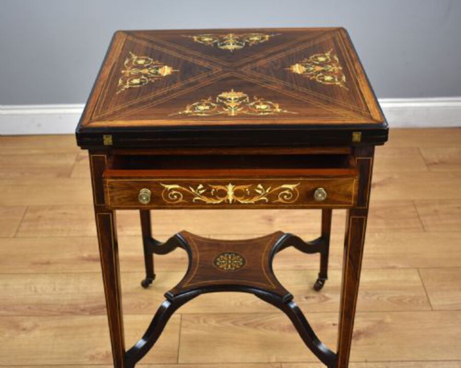 Antique Victorian Rosewood Inlaid Envelope card table