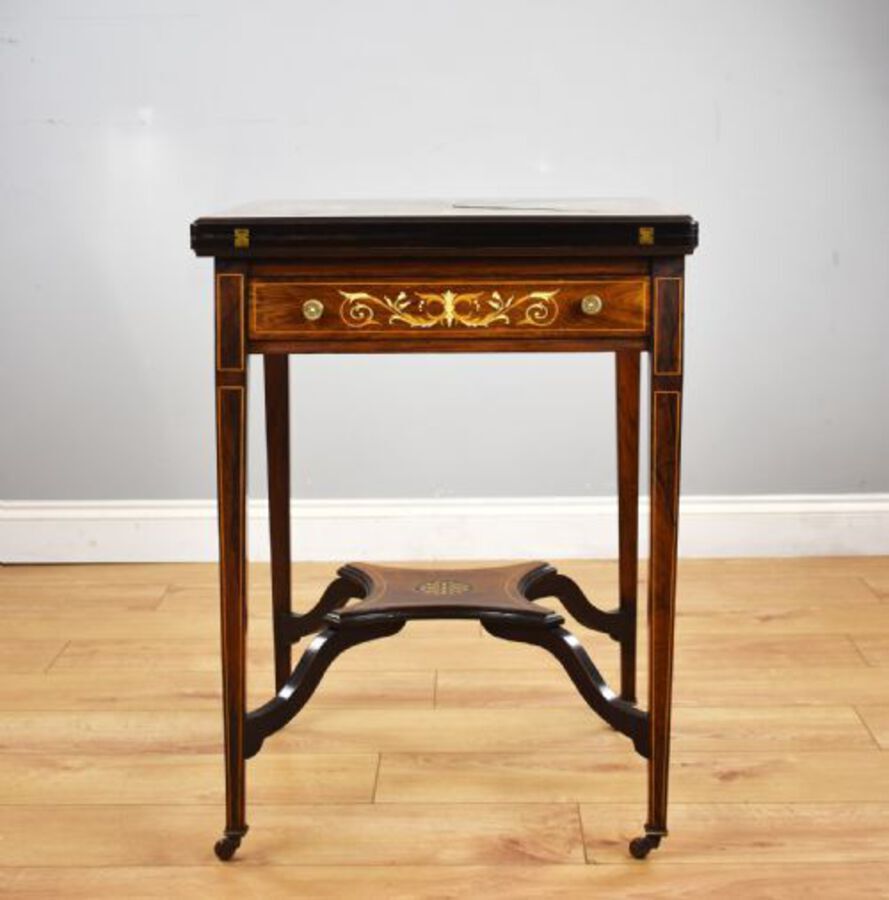 Antique Victorian Rosewood Inlaid Envelope card table