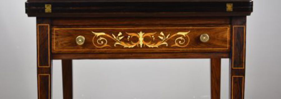Antique Victorian Rosewood Inlaid Envelope card table