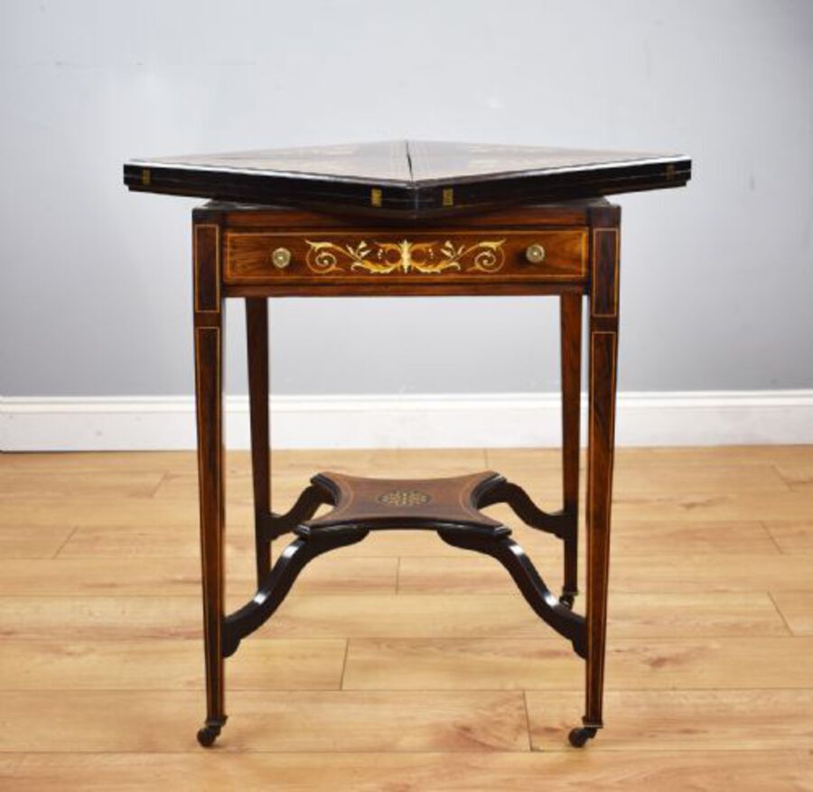 Antique Victorian Rosewood Inlaid Envelope card table