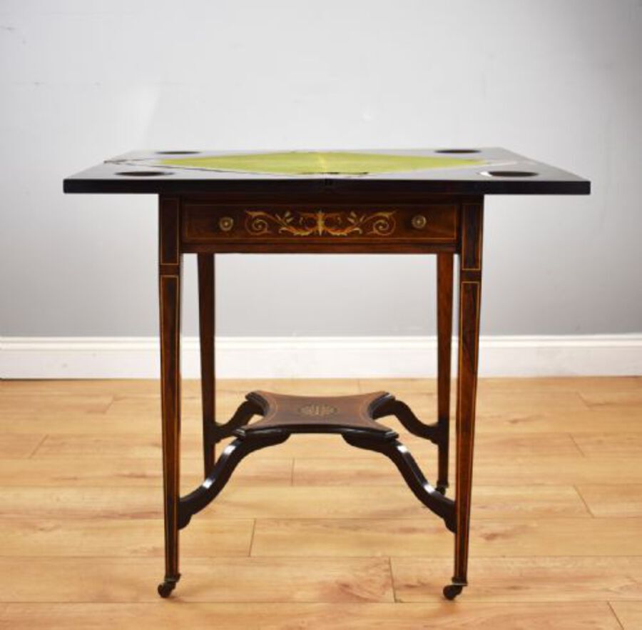 Antique Victorian Rosewood Inlaid Envelope card table