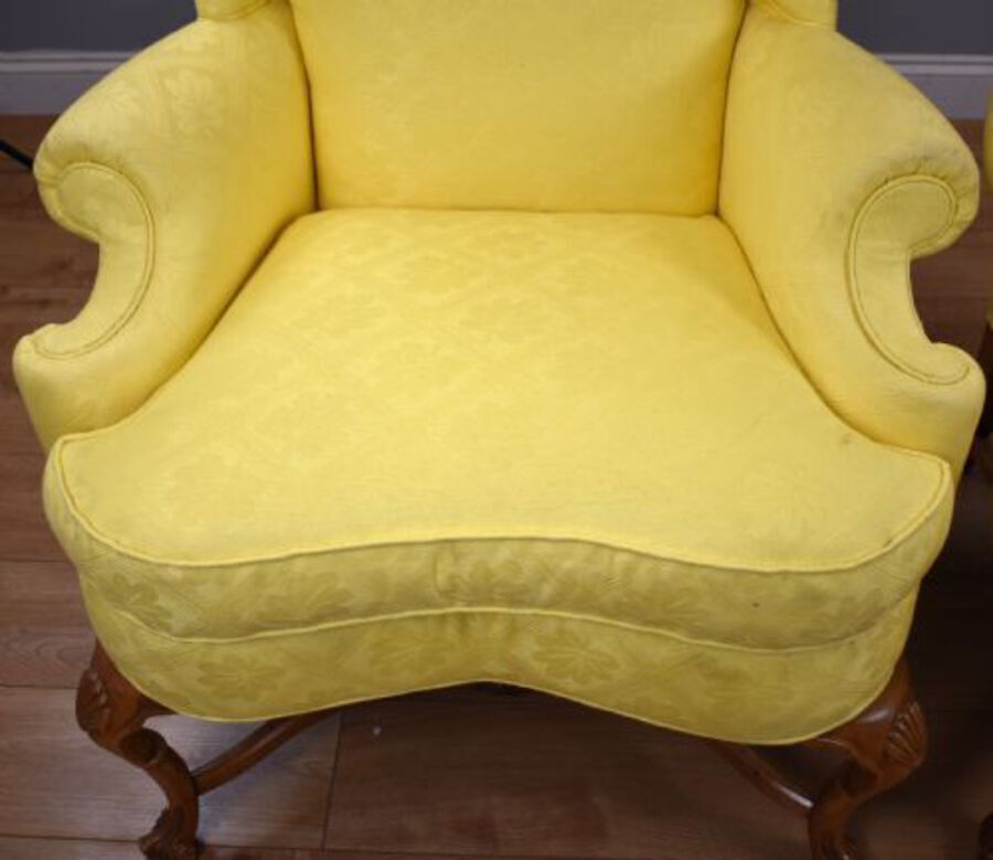 Antique Pair of Queen Anne Style Wing Back Armchairs