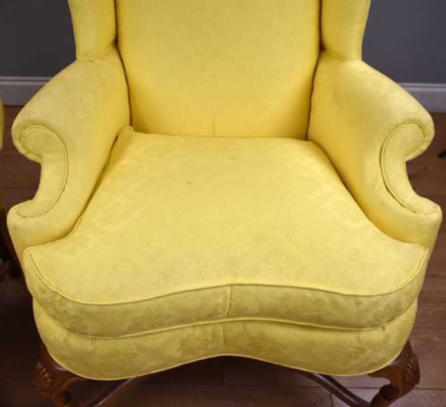 Antique Pair of Queen Anne Style Wing Back Armchairs